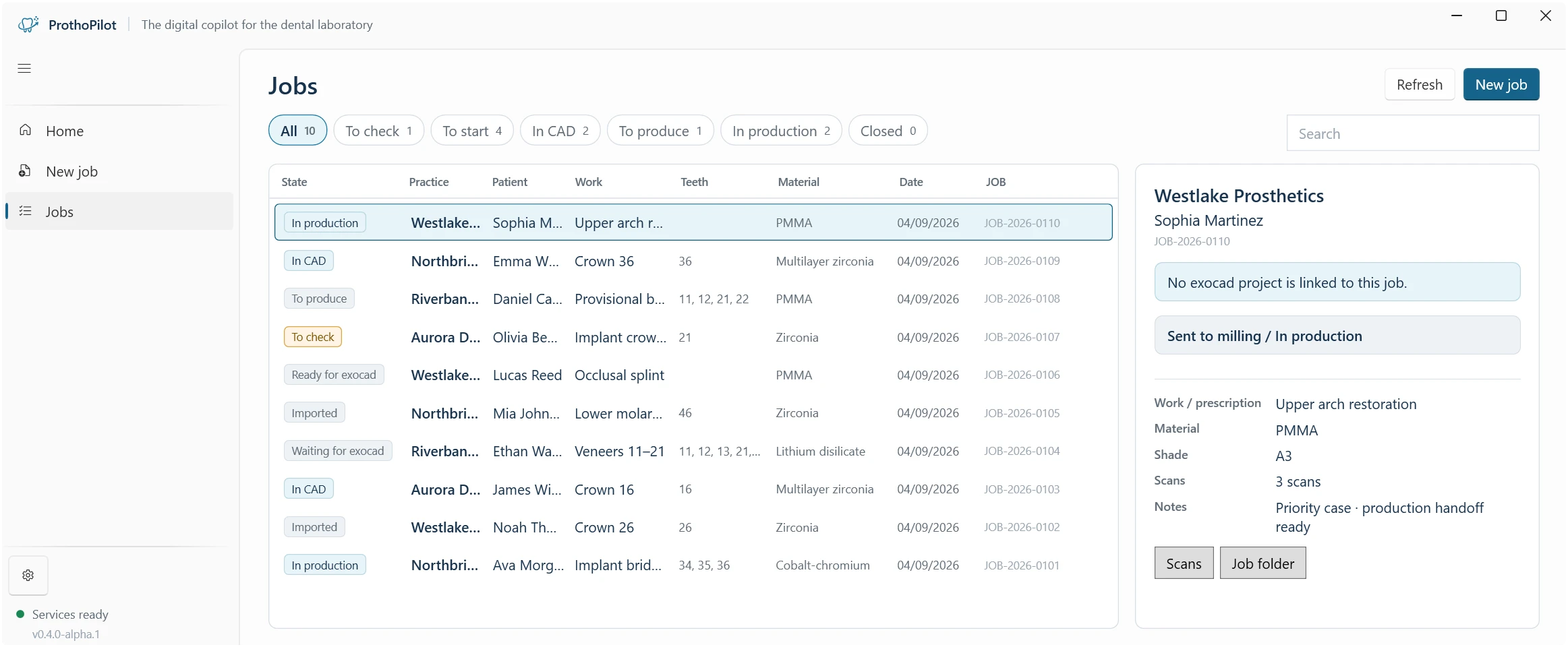 ProthoPilot Jobs workspace listing anonymized laboratory cases by state, practice, work and material, with the selected case detail panel open