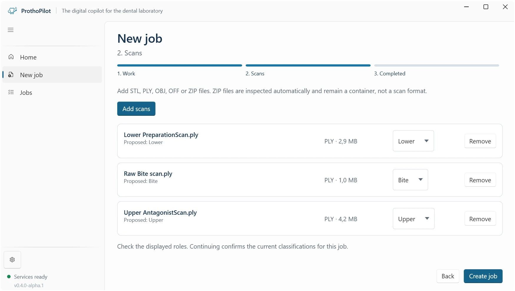 ProthoPilot New job, step 2: scan classification listing uploaded scan files with their proposed upper, lower and bite roles